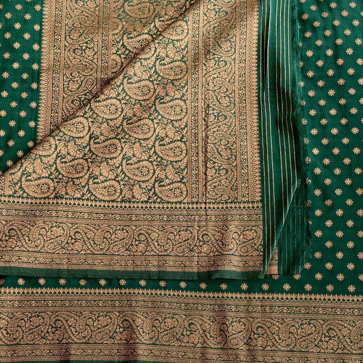 Emerald Green Soft Tussar Silk Saree With Antique Gold Brocade