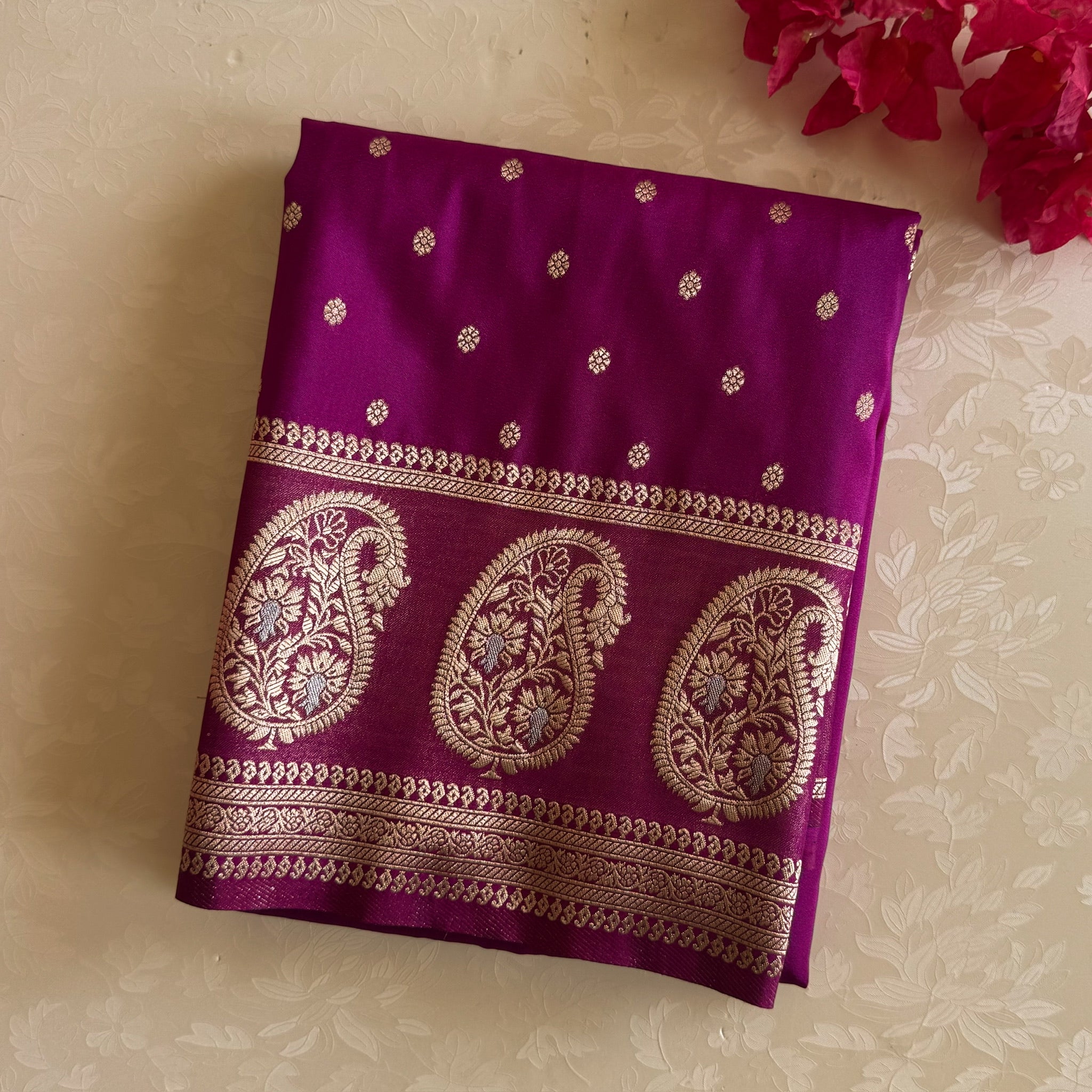 Magenta Gold Brocade Saree Paisley Border Tassel Pallu Traditional Wedding