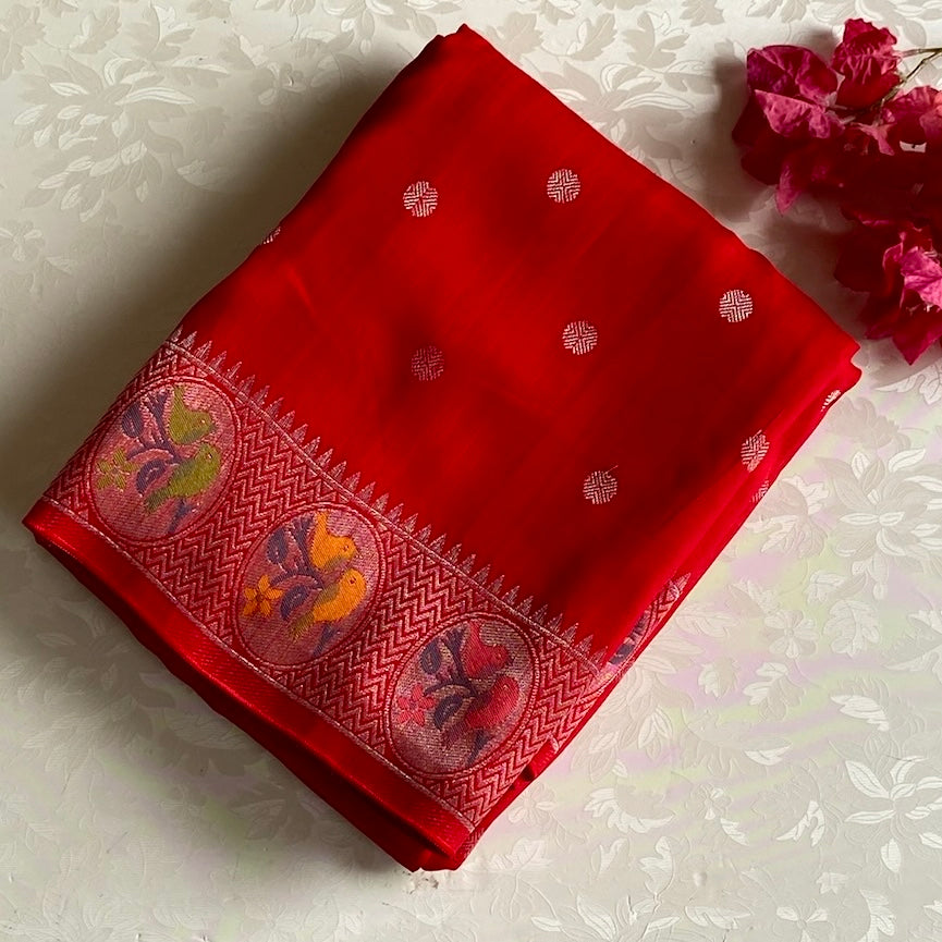 Scarlet Red Soft Tussar Silk Saree Mustard Yellow Border Silver Pallu