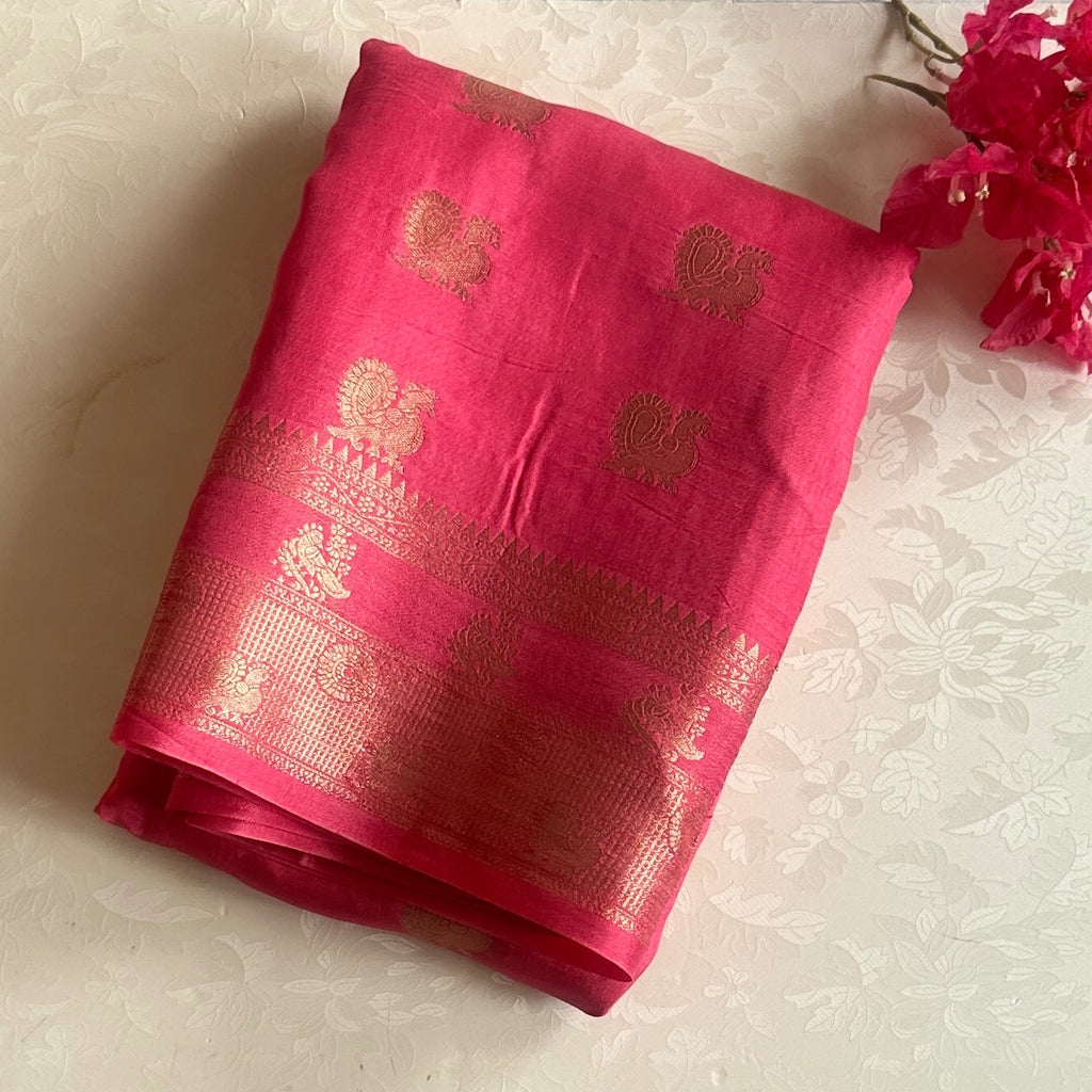 Magenta Gold Zari Buta Saree Traditional Wedding Elegant Designer Drape
