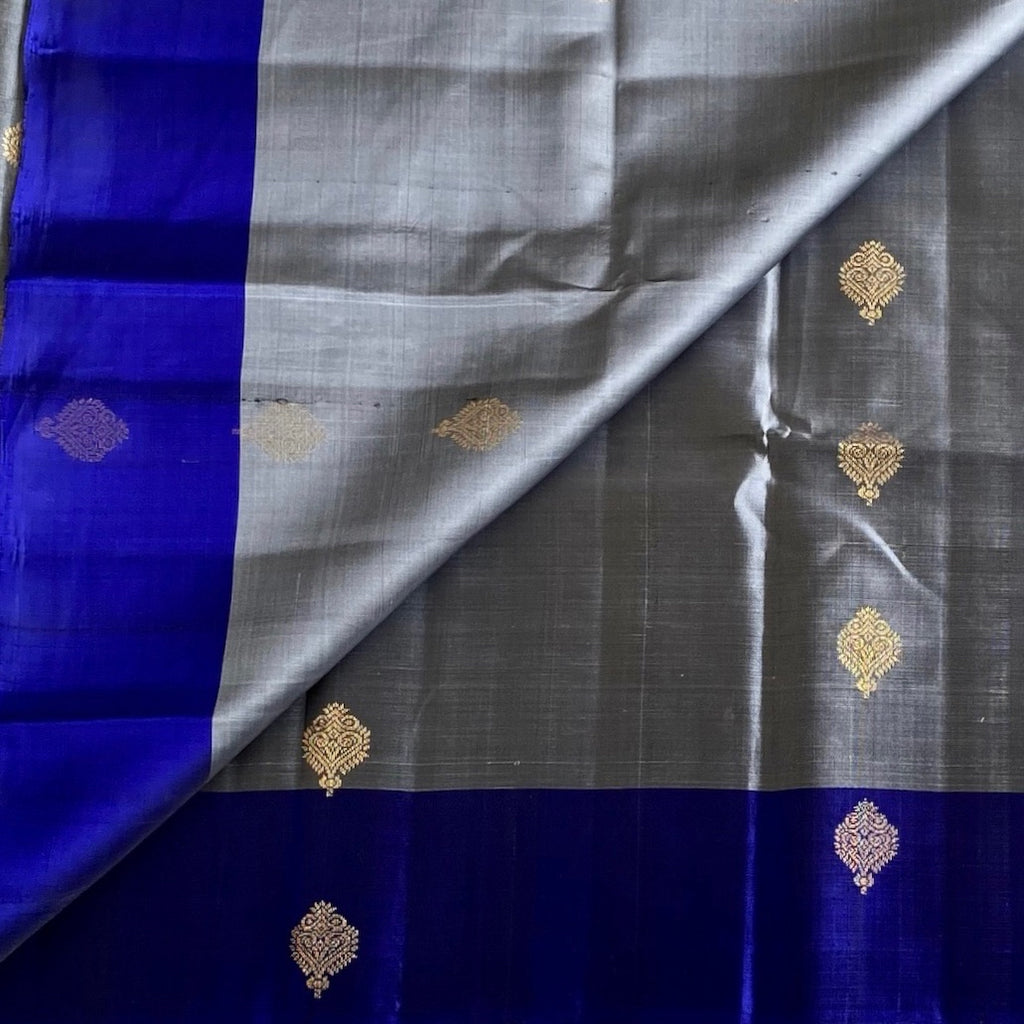 Slate Gray Designer Pure Silk Saree With Royal Blue Pallu