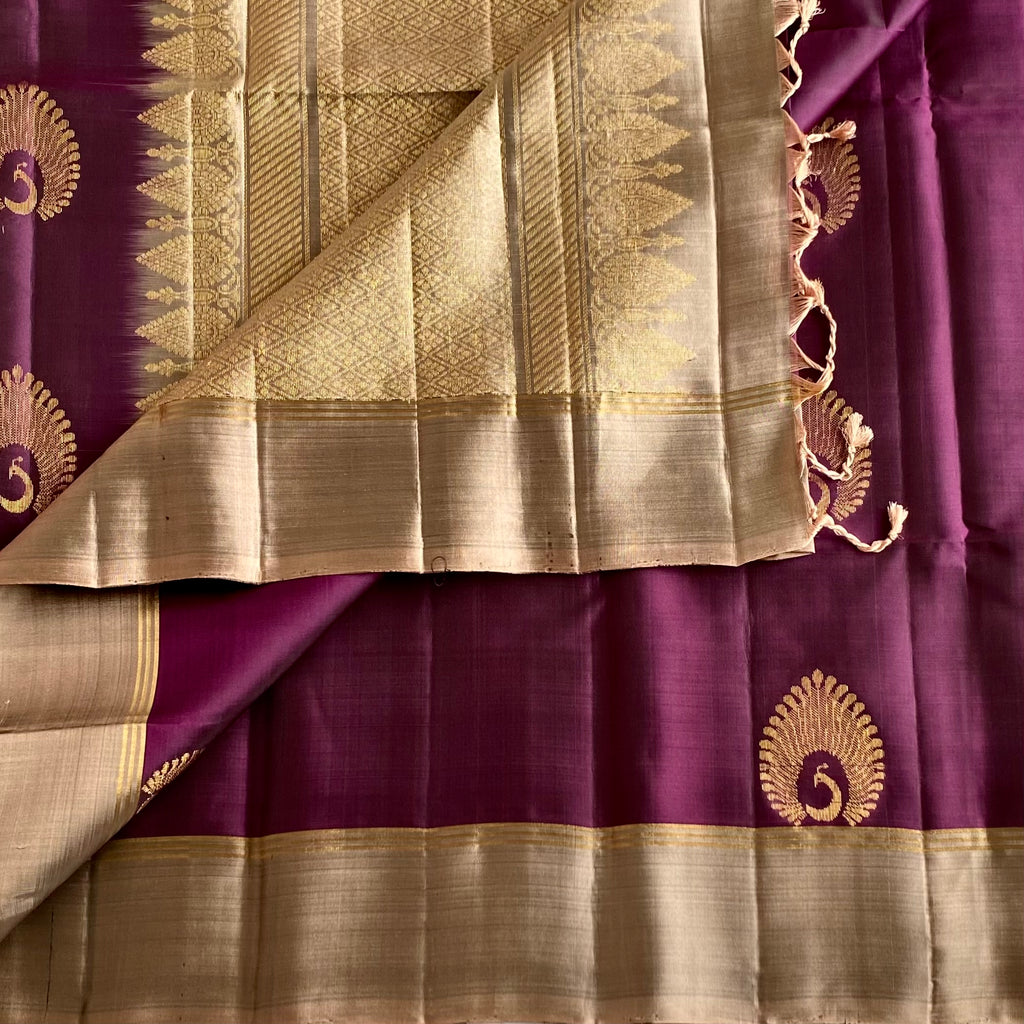 Deep Plum Designer Pure Silk Saree With Antique Greyish Gold Pallu
