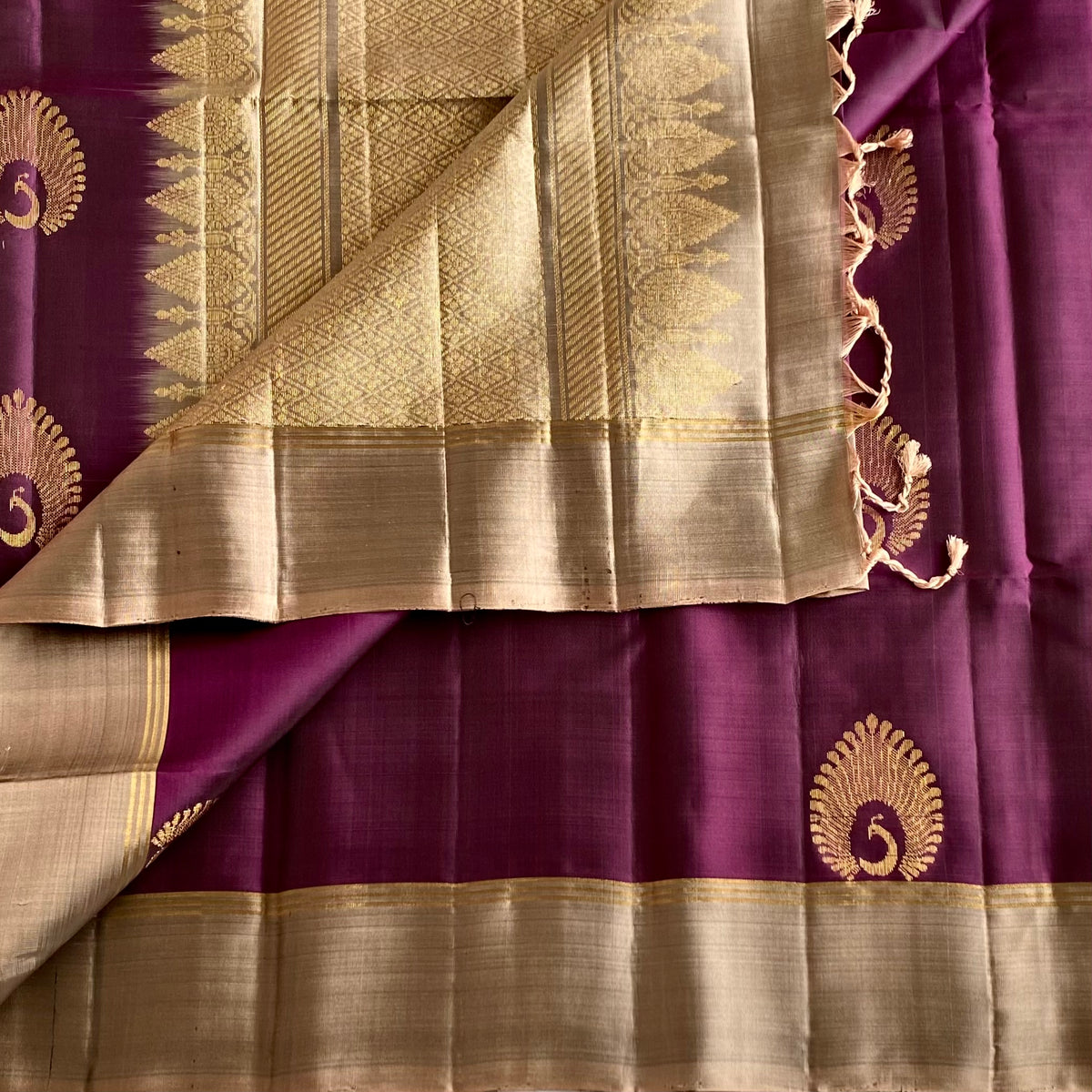 Deep Plum Designer Pure Silk Saree With Antique Greyish Gold Pallu
