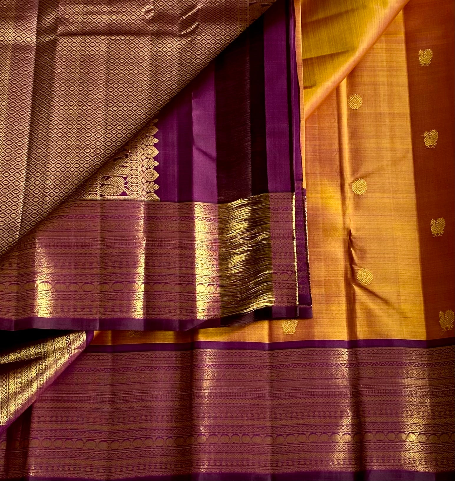 Royal Purple Mustard Gold Brocade Silk Saree Wedding Festive Traditional