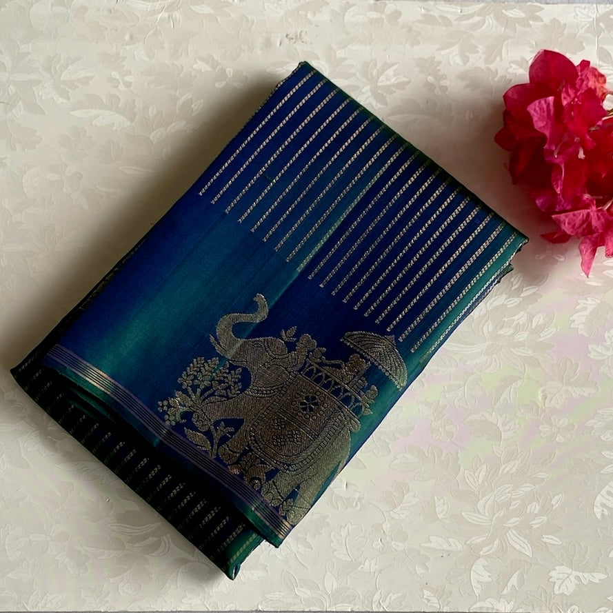 Peacock Blue Designer Pure Silk Saree With Rich Elephant Borders