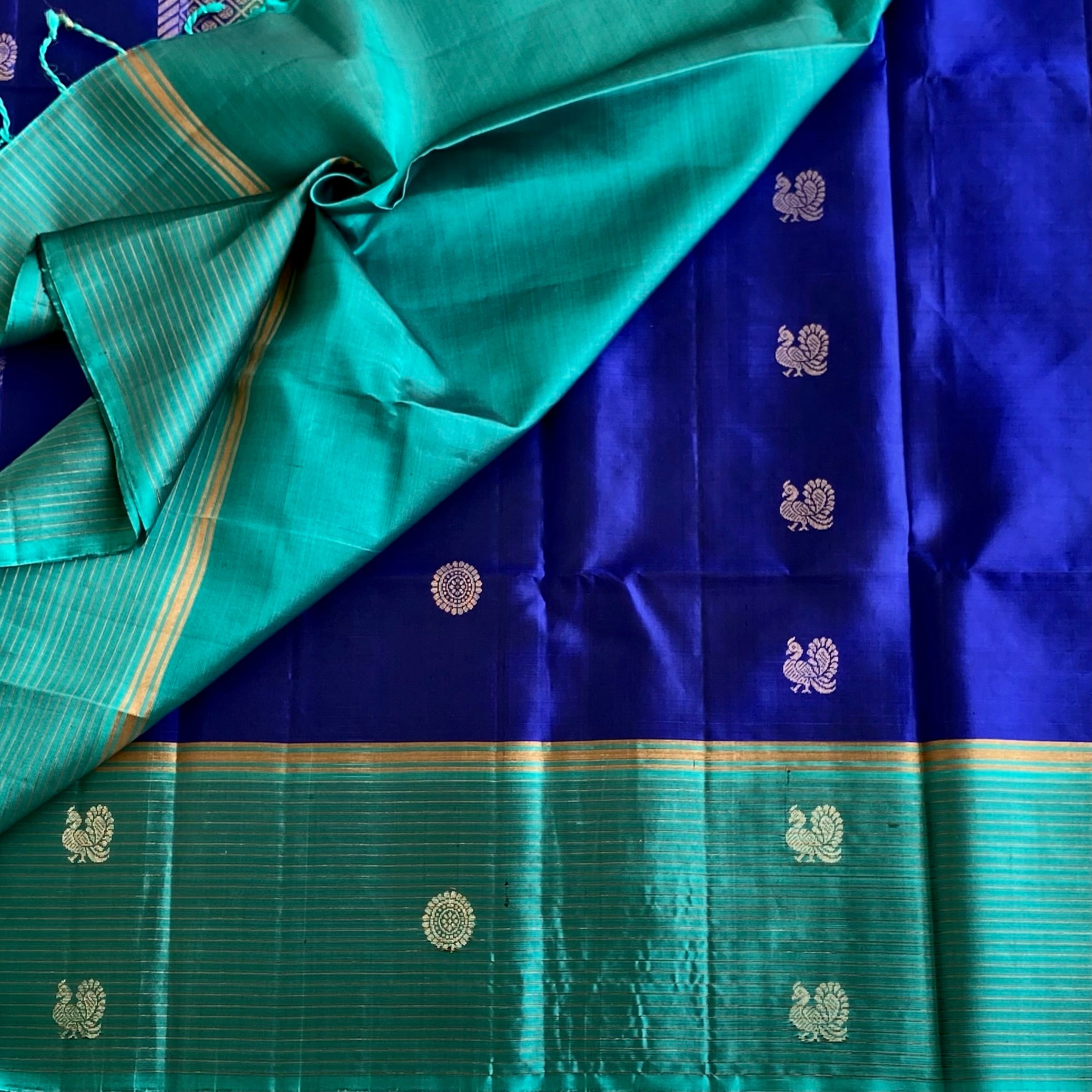Stunner Royal Blue with Turquoise Designer Pure Silk with Peacock & Rudraksh Motifs