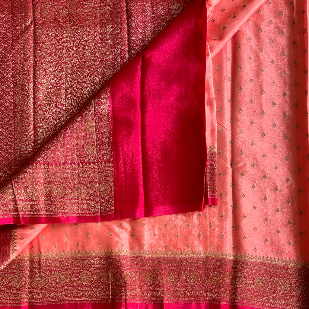 Dreamy Sorbet Peach with rani pink Soft Crepe silk with buttas