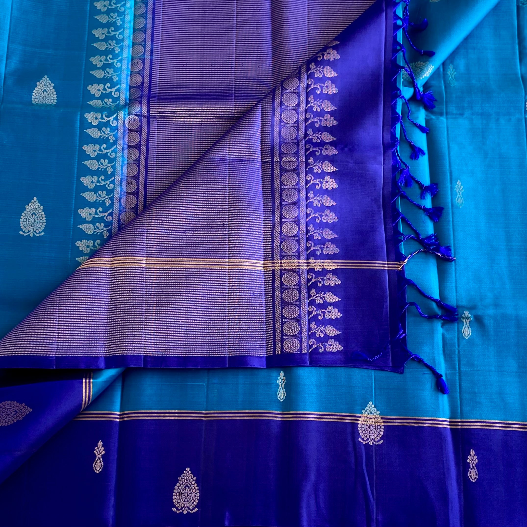 Deep Sea Blue With Rich Royal Blue Handwoven Designer Pure Silk