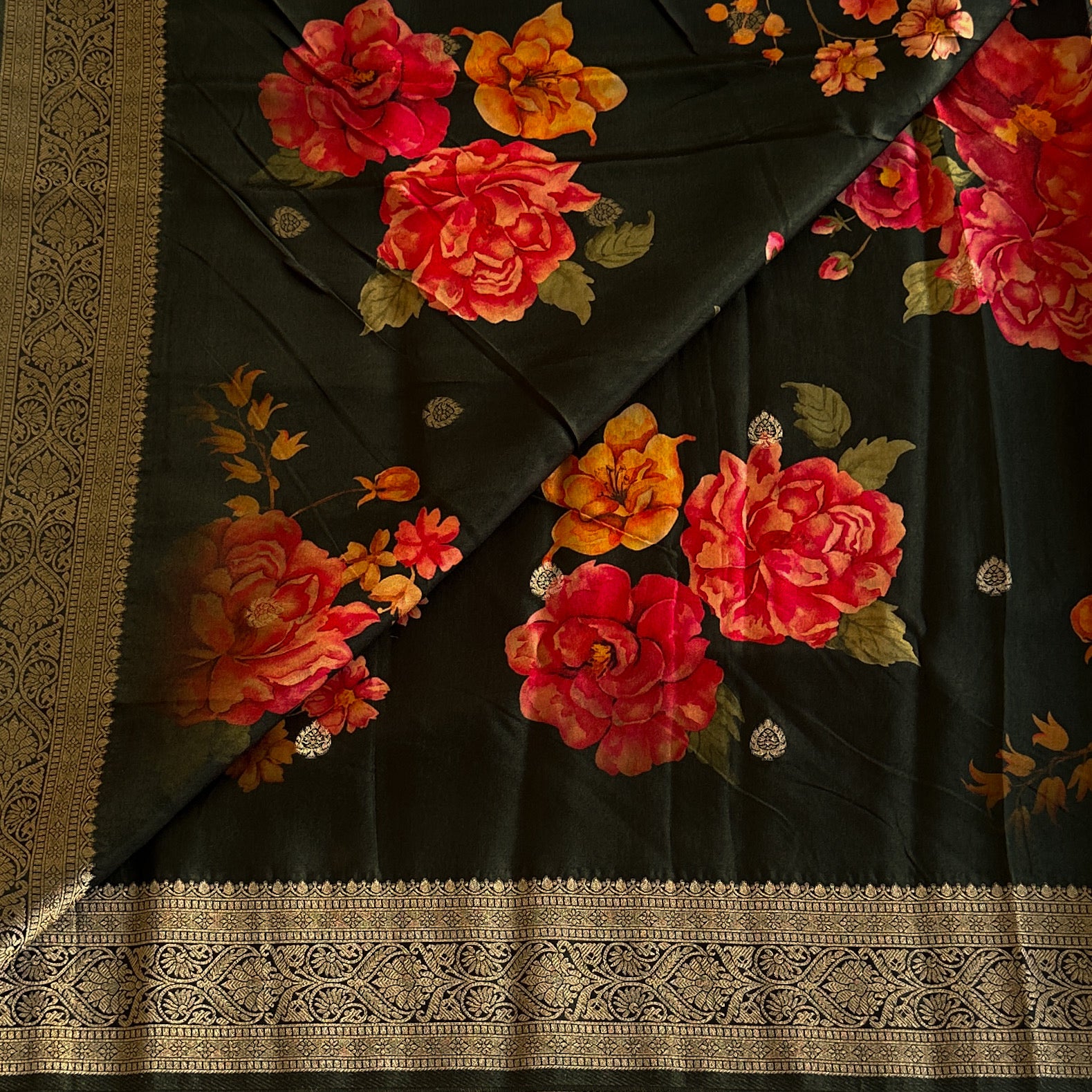 Forest Green Floral Saree with Gold Brocade Pallu and Border