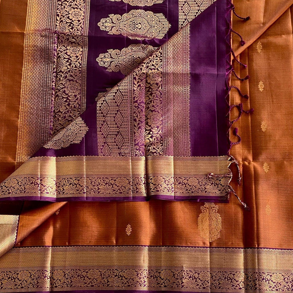 Burnt Orange Designer Pure Silk Saree With Plum Pallu And Zari