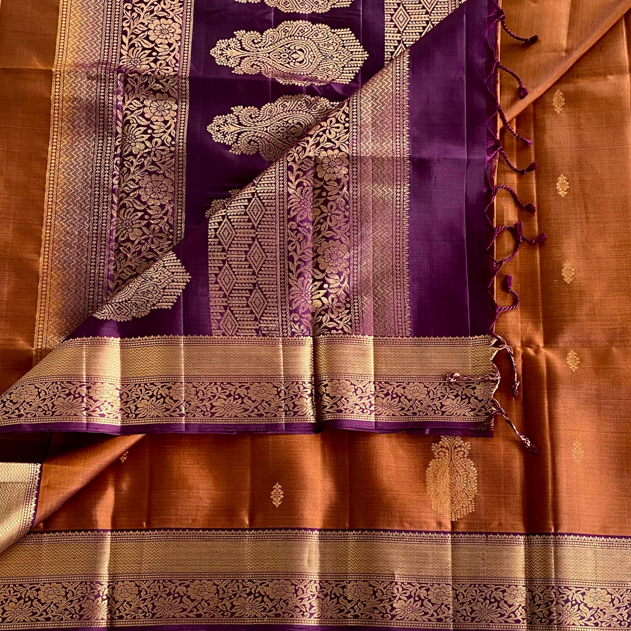 Burnt Orange Designer Pure Silk Saree With Plum Pallu And Zari
