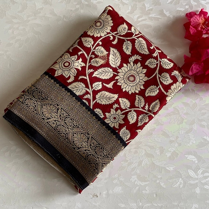 Dark Red Soft Tussar Silk Saree With Black Pallu
