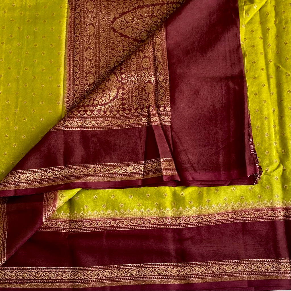 Chartreuse Green Banarasi Crepe Silk Saree With Deep Maroon Pallu