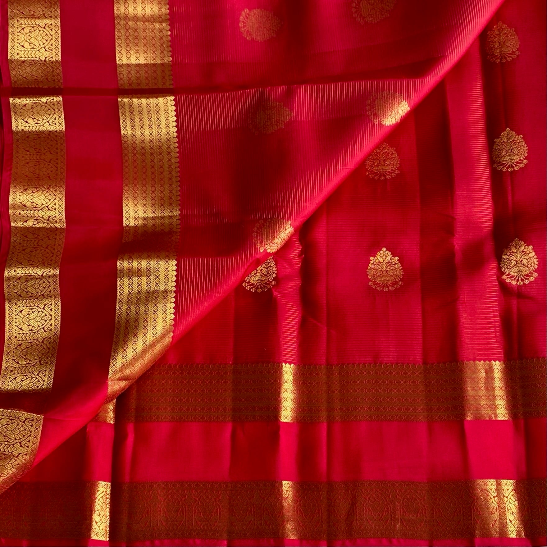 Tomato Pink Designer Pure Silk Saree With Antique Gold Brocade