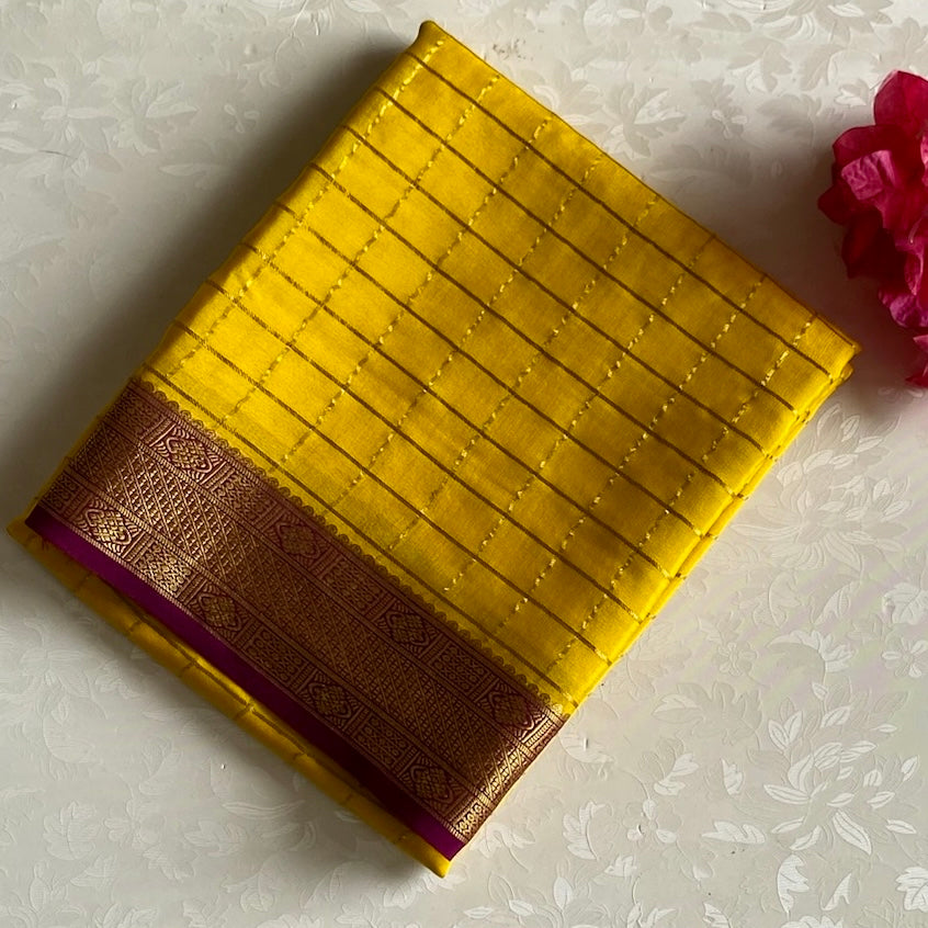 Mustard Yellow Mysore Crepe Silk Saree With Deep Magenta Border