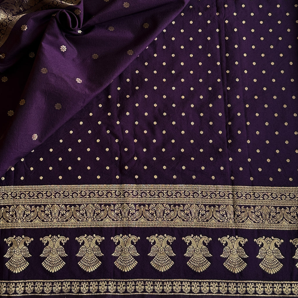 Royal Purple Gold Brocade Saree Woven Zari Wide Border Traditional