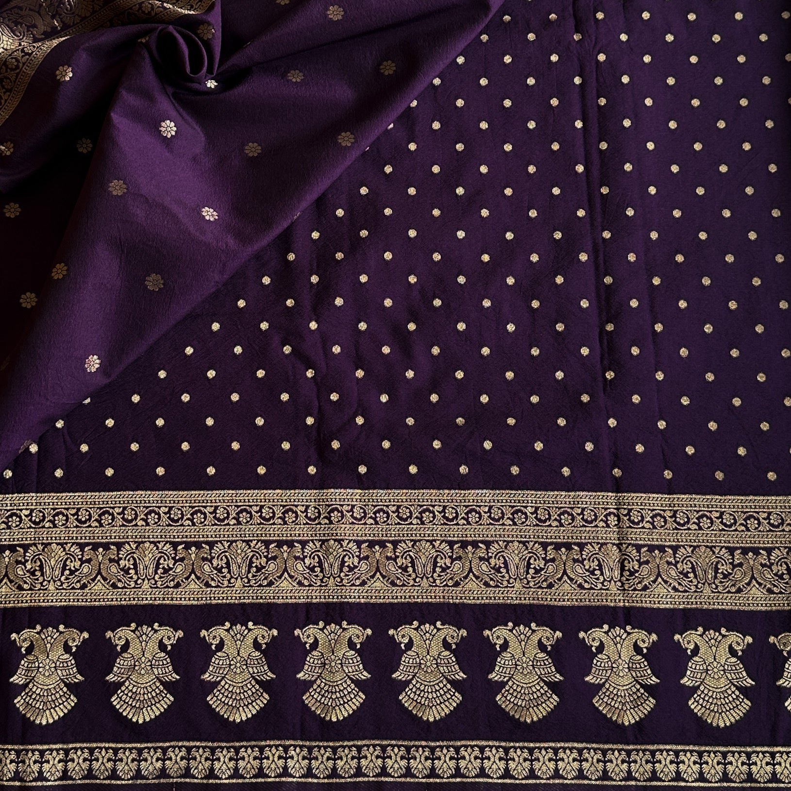 Royal Purple Gold Brocade Saree Woven Zari Wide Border Traditional