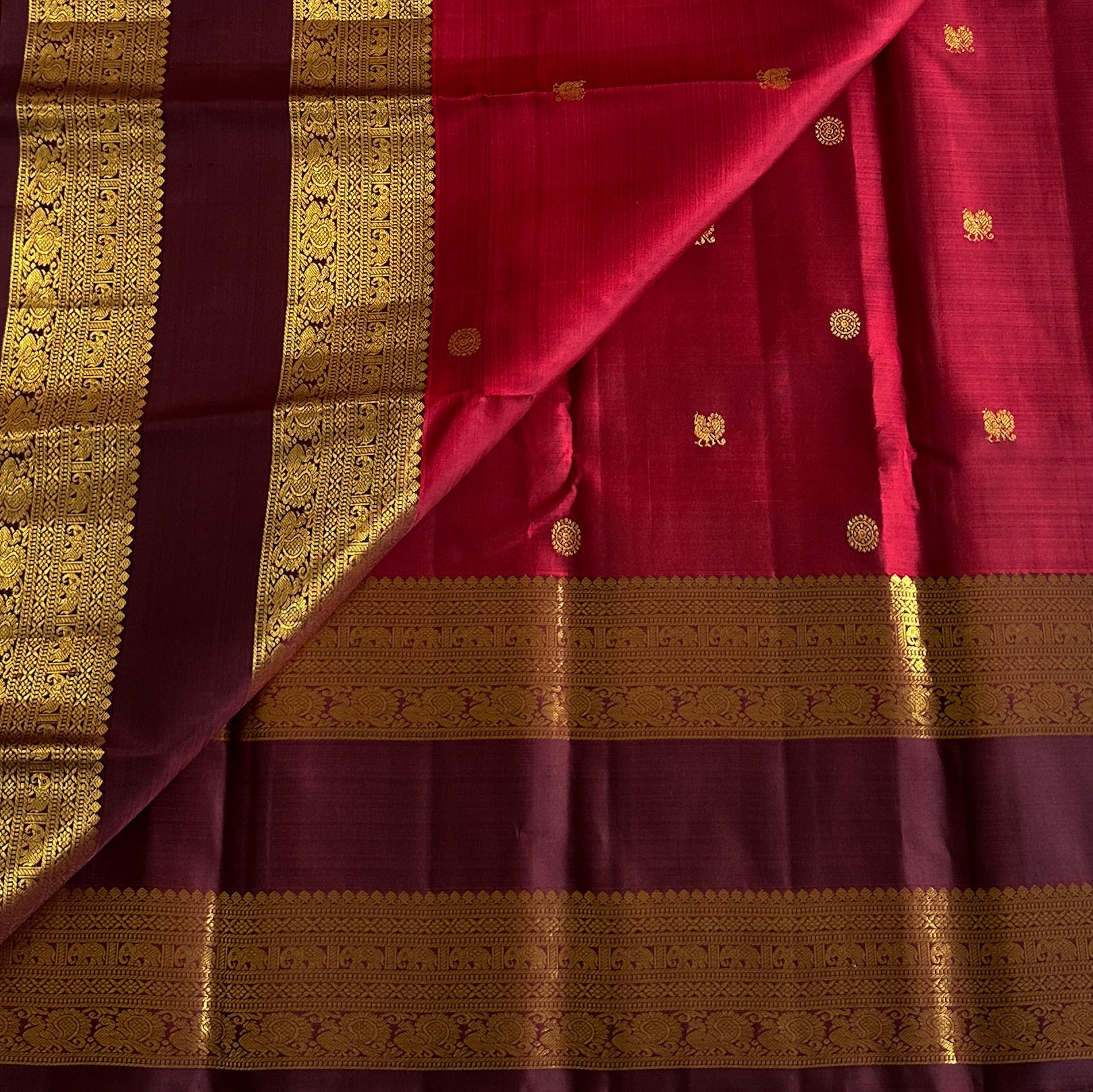 Crimson Maroon Silk Saree With Gold Zari Border Traditional Wedding