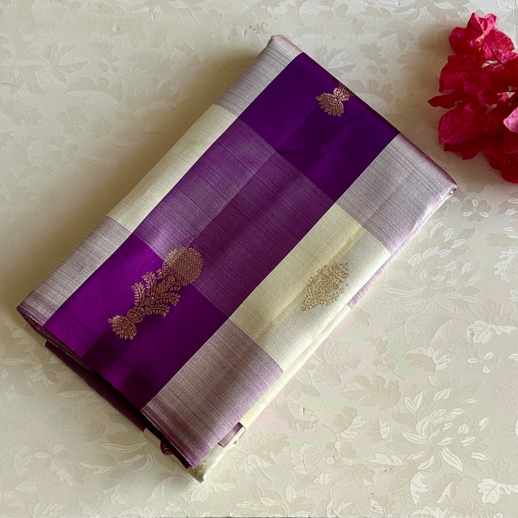 Deep Purple Kanjeevaram Pure Zari Silk Saree With Ivory Checks