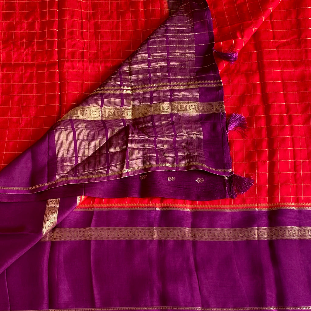Scarlet Red Soft Crepe Silk Saree With Royal Purple Pallu