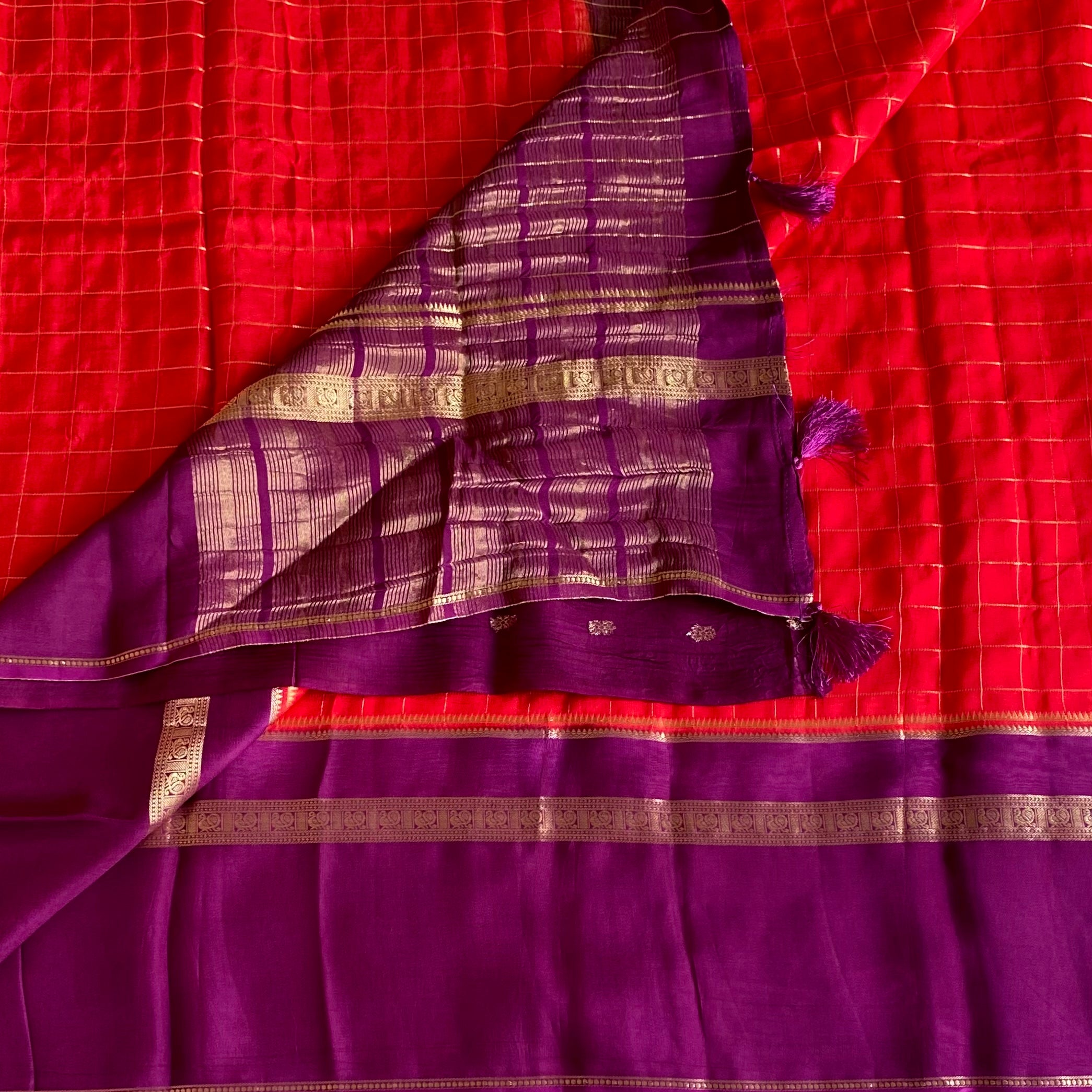 Scarlet Red Soft Crepe Silk Saree With Royal Purple Pallu