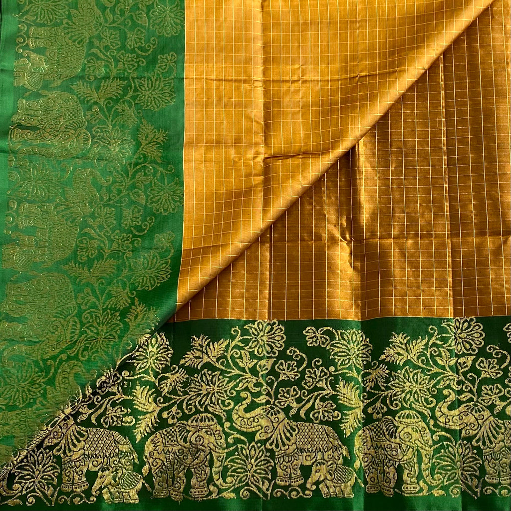 Mustard Gold Designer Pure Silk Saree With Emerald Green Pallu