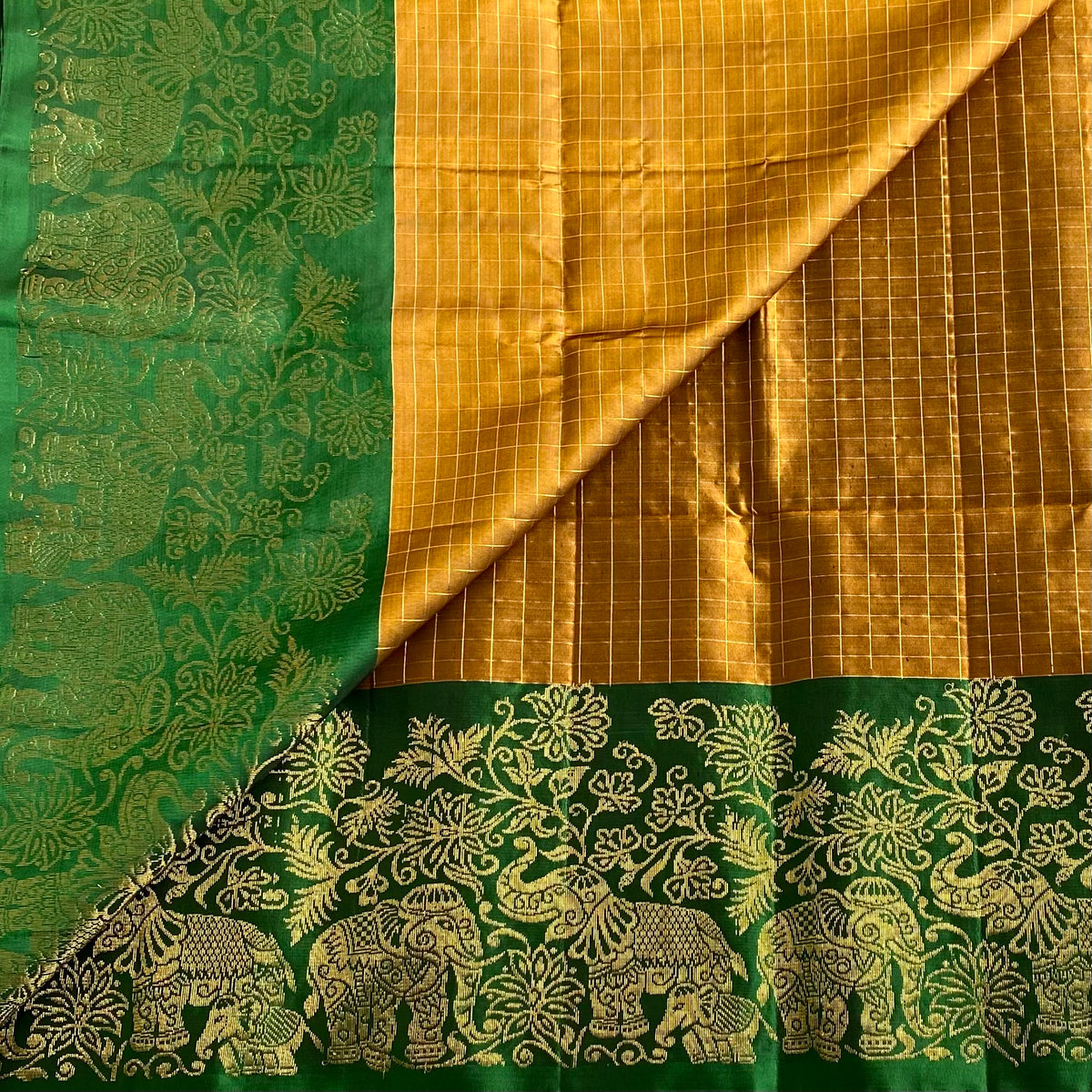 Mustard Gold Designer Pure Silk Saree With Emerald Green Pallu
