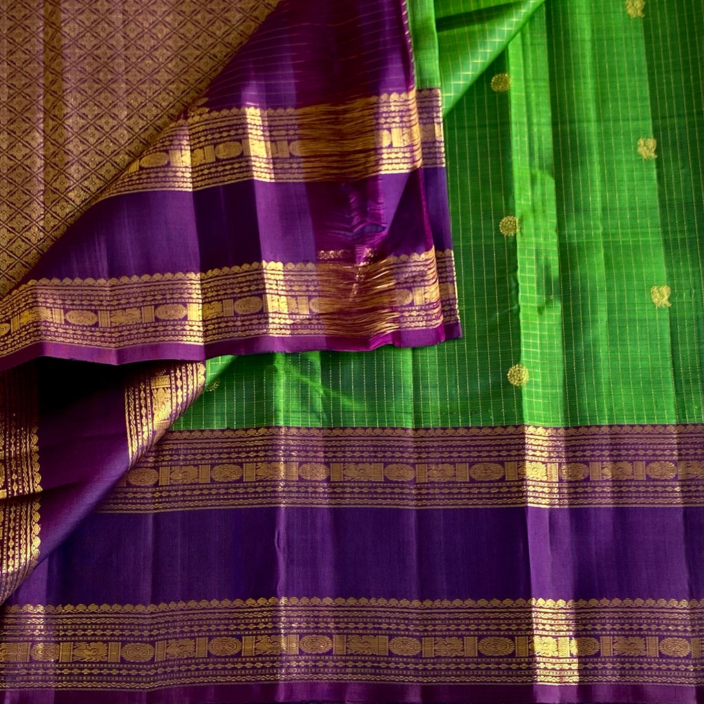 Luxurious Green with Rich Purple Kanjeevaram Pure Zari Silk Microcheckered Weave