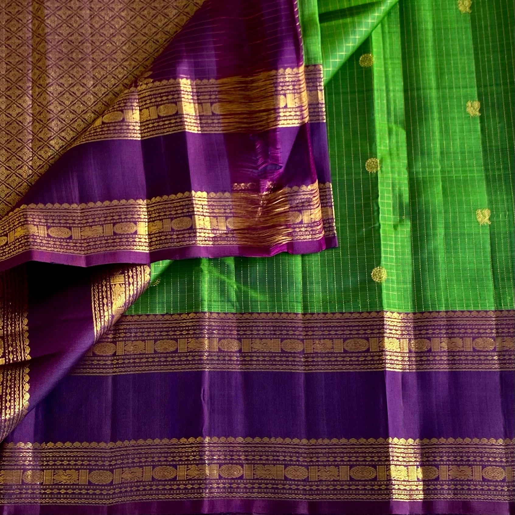 Luxurious Green with Rich Purple Kanjeevaram Pure Zari Silk Microcheckered Weave