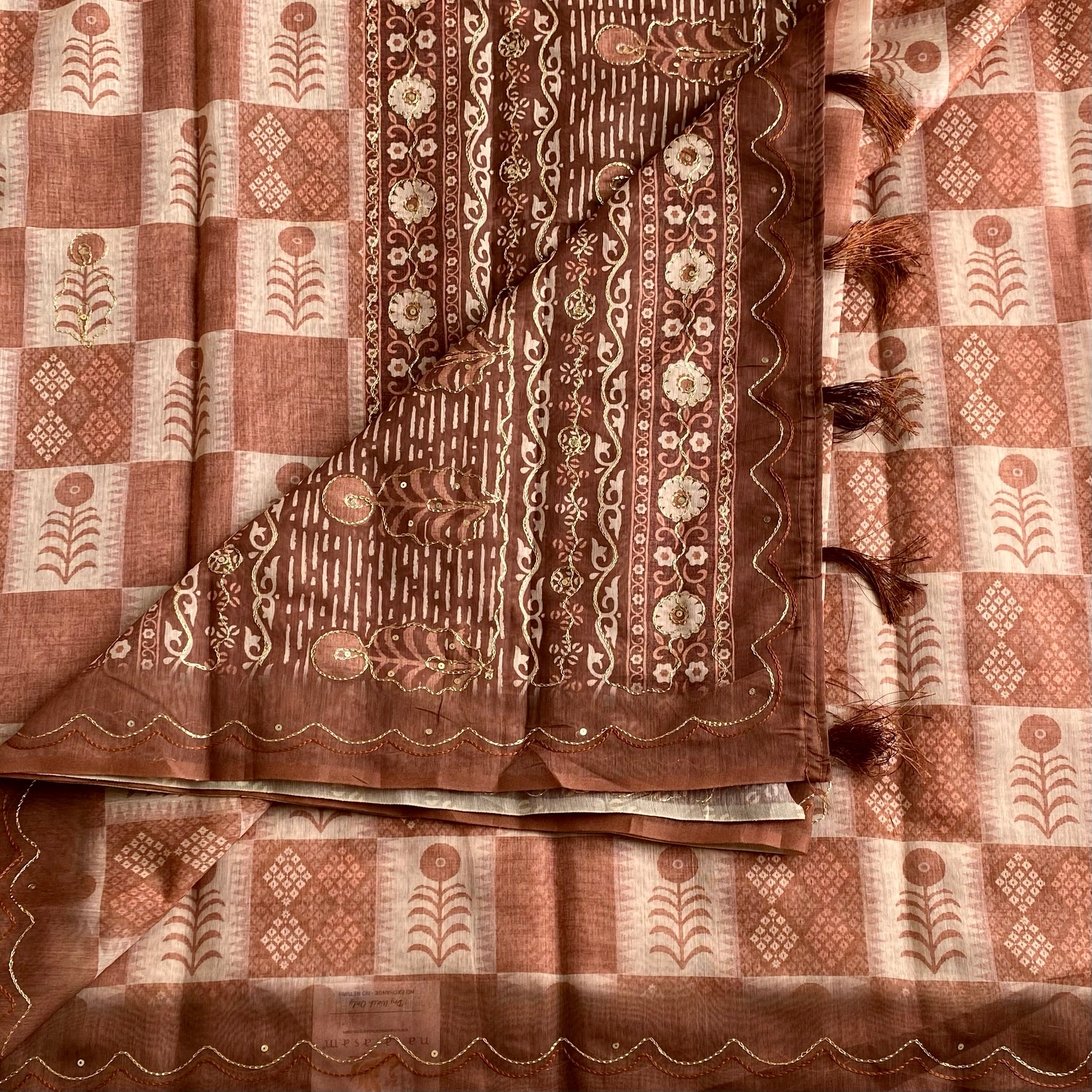 Rust Brown Softest Lightweight Tussar With Antique Beige Checks And Zari