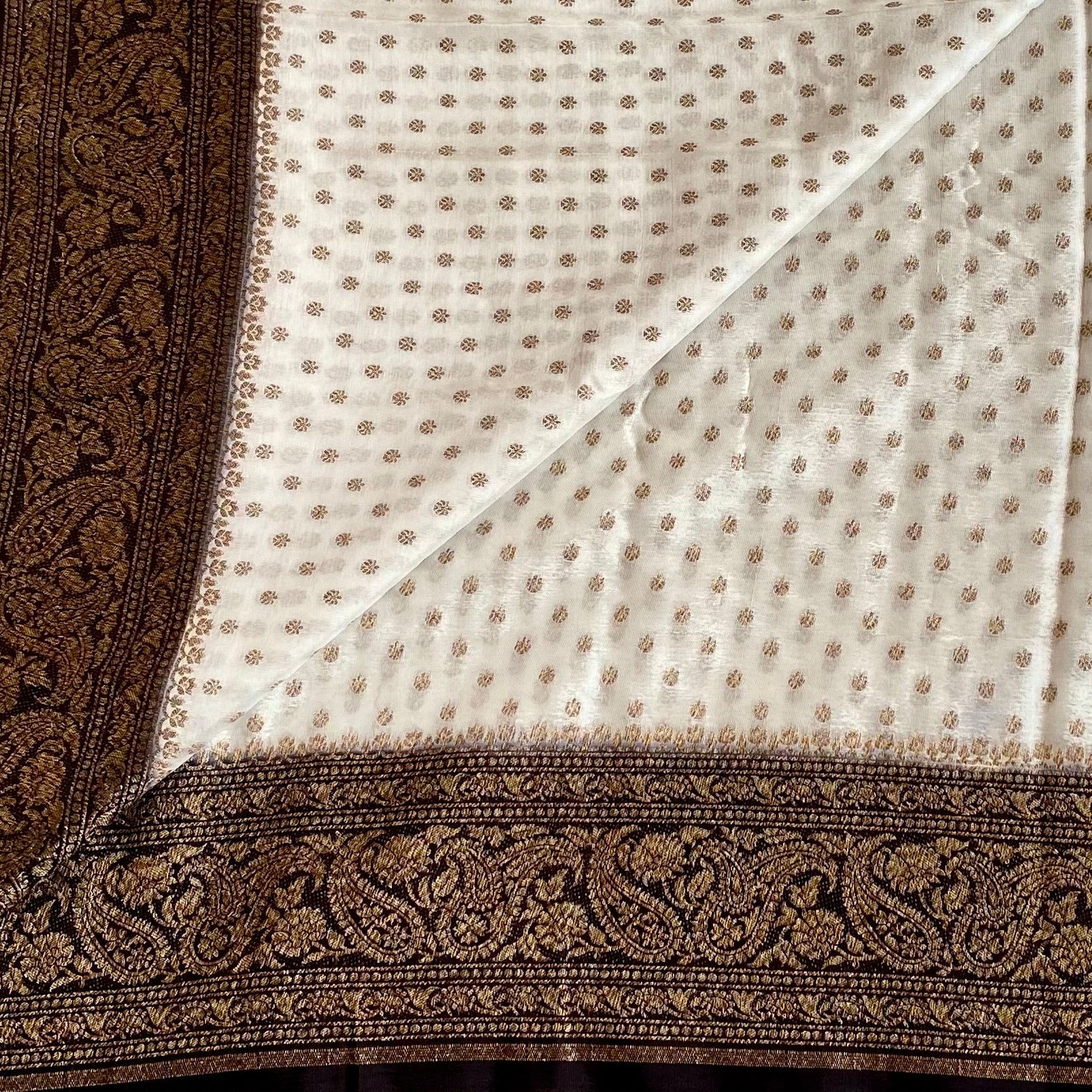 Pearl Ivory Banarasi Soft Crepe Silk With Stunner Black Pallu
