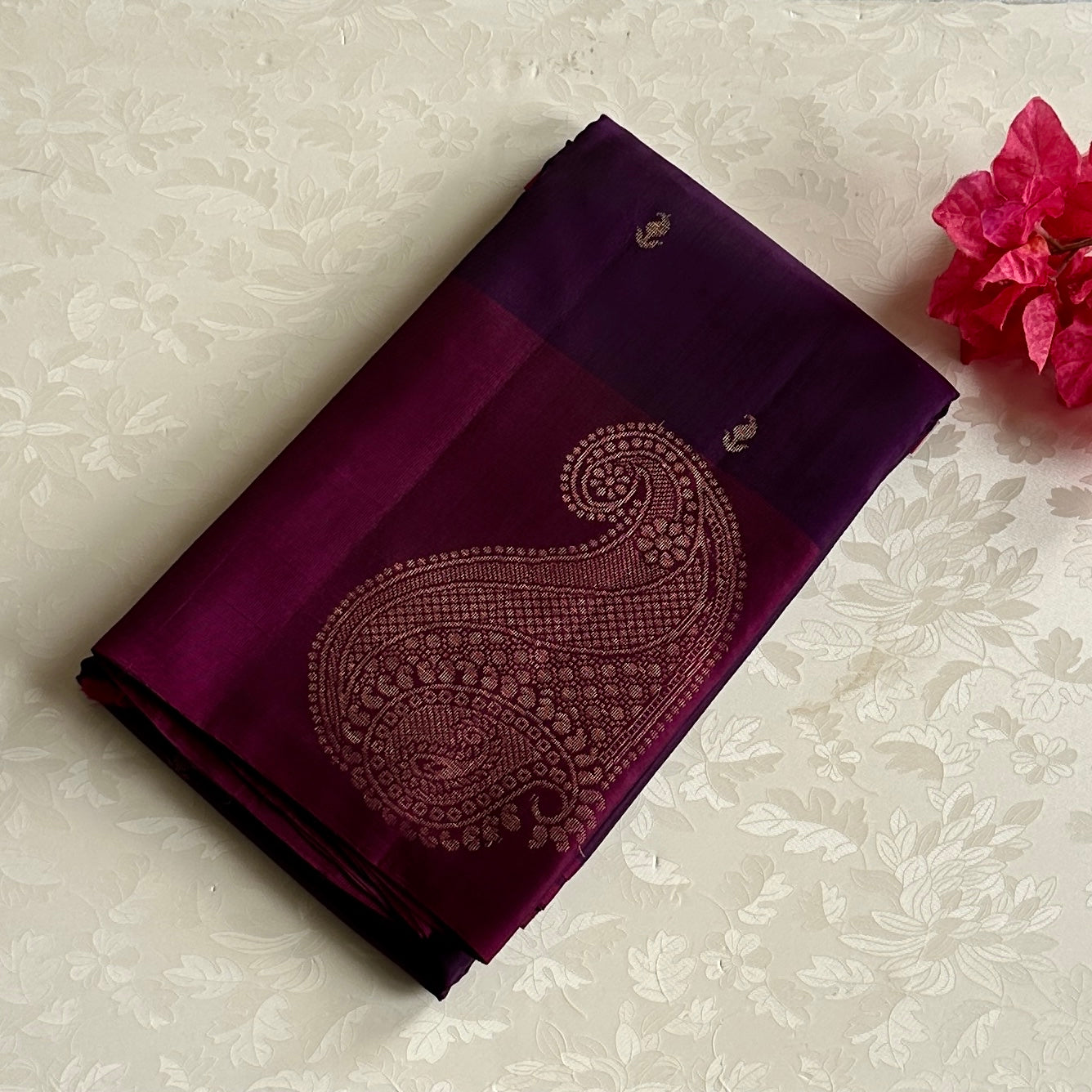 Traditional Plum Magenta Silk Saree Gold Zari Paisley Wedding Wear