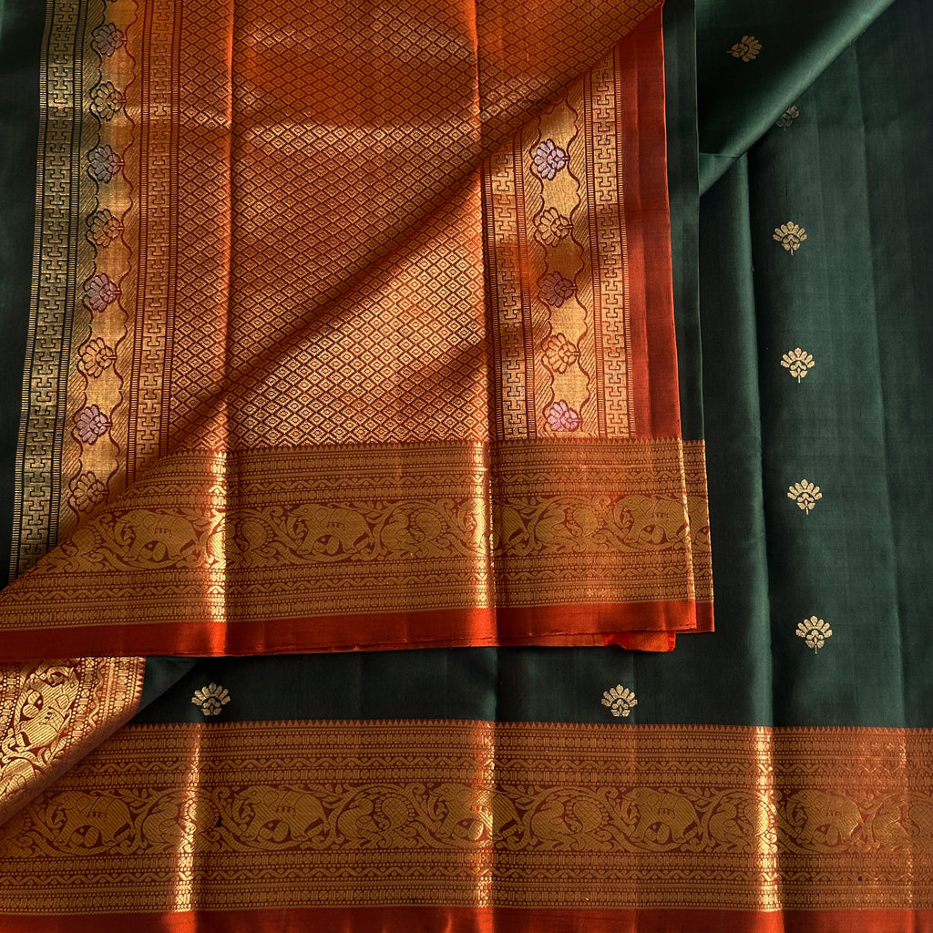 Deep bottle green Saree Burnt Orange Pallu Gold Brocade Border