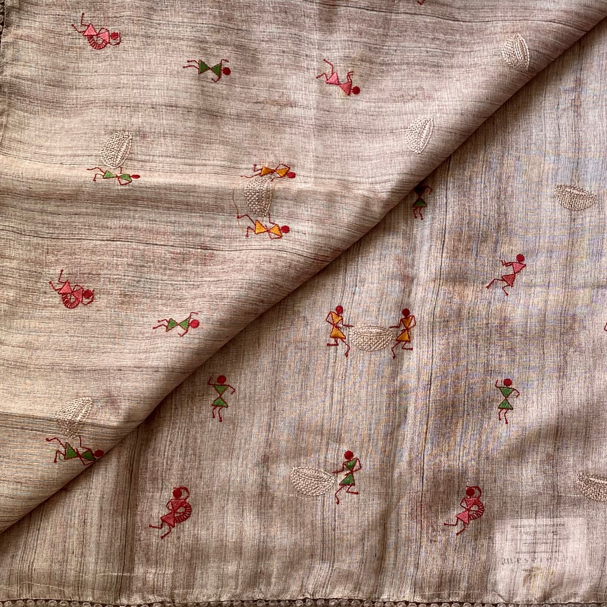 Muted Mauve Folk Embroidered Saree with Pom Pom Border