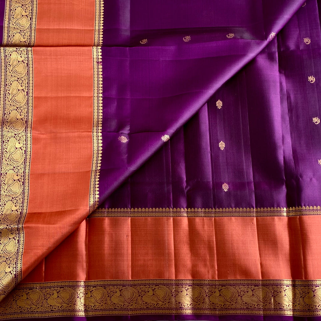 Wine Purple & Rust Orange Designer Pure Silk Saree With Zari Borders