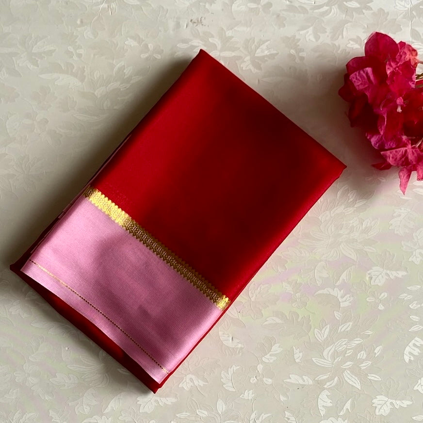 Crimson Red Lightweight Mysore Crepe Silk Saree With Pastel Pink Pallu