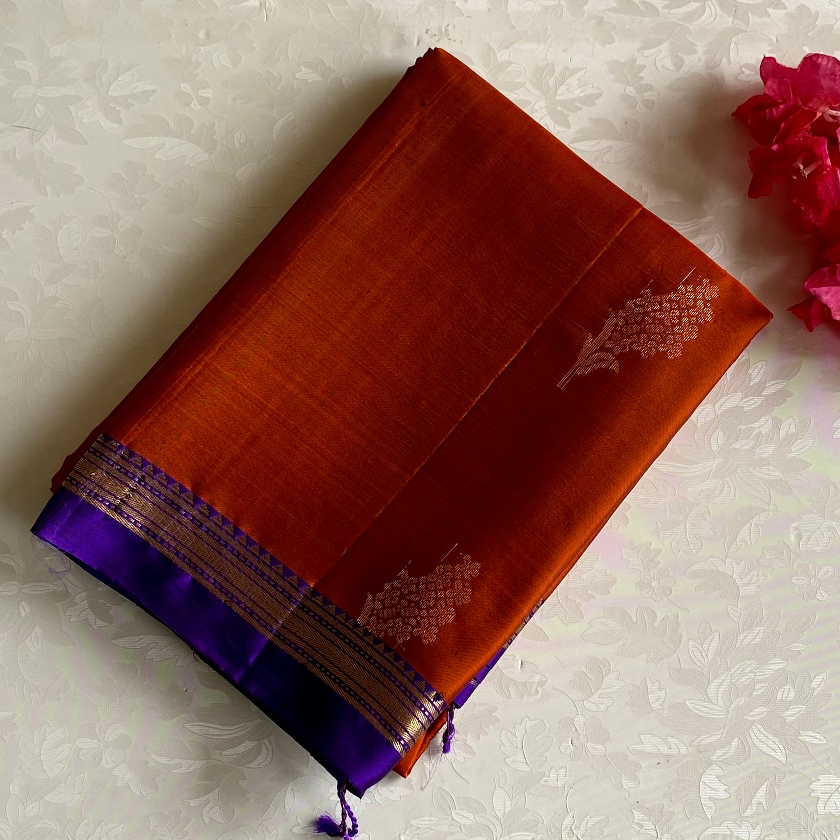 Burnt Orange Designer Pure Silk Saree With Royal Purple Pallu