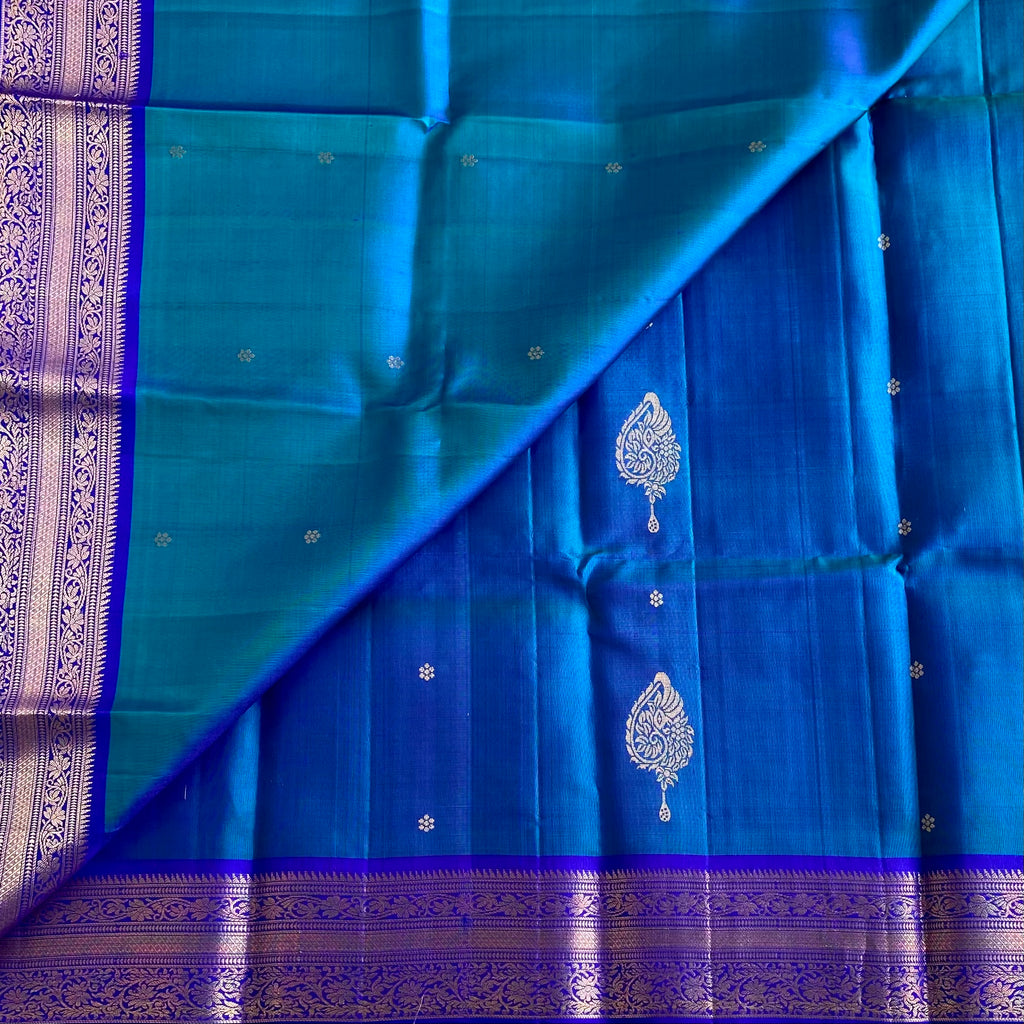 Rich Peacock Blue Designer Pure Silk Saree With Royal Blue Pallu