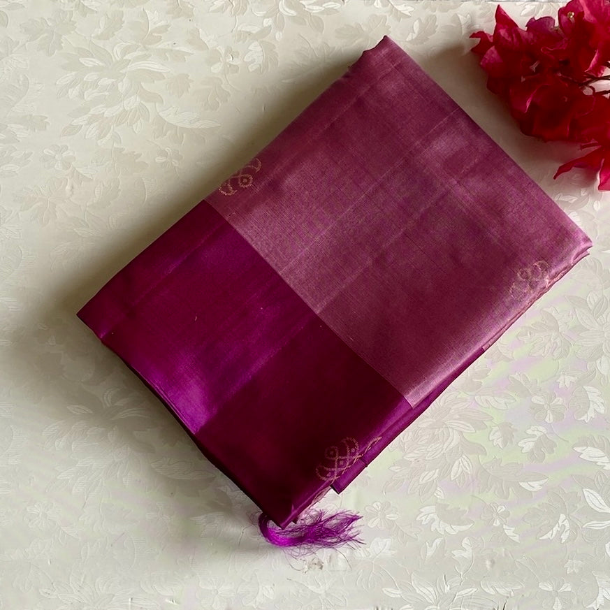 Pastel Metallic Rose Pink Designer Pure Silk With Berry Pink Pallu & Kollam Buttas