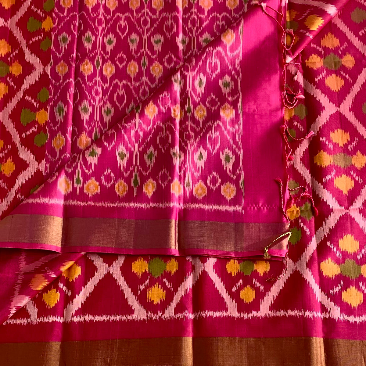 Rani Pink Designer Ikkat Pure Silk Saree With Mustard Yellow And Gold Border