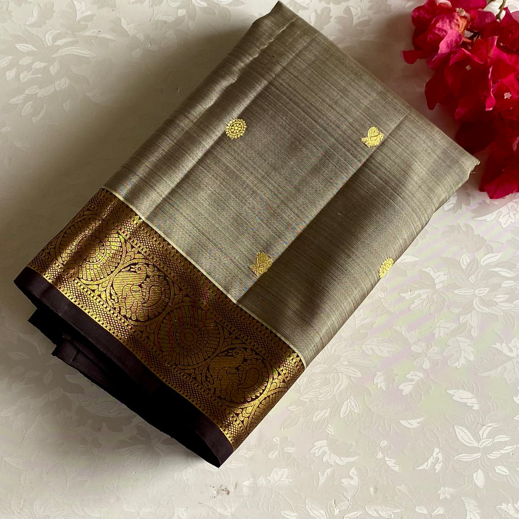 Metallic Grey Kanjeevaram Pure Zari Silk Saree With Chocolate Brown Pallu