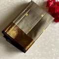 Metallic Grey Kanjeevaram Pure Zari Silk Saree With Chocolate Brown Pallu