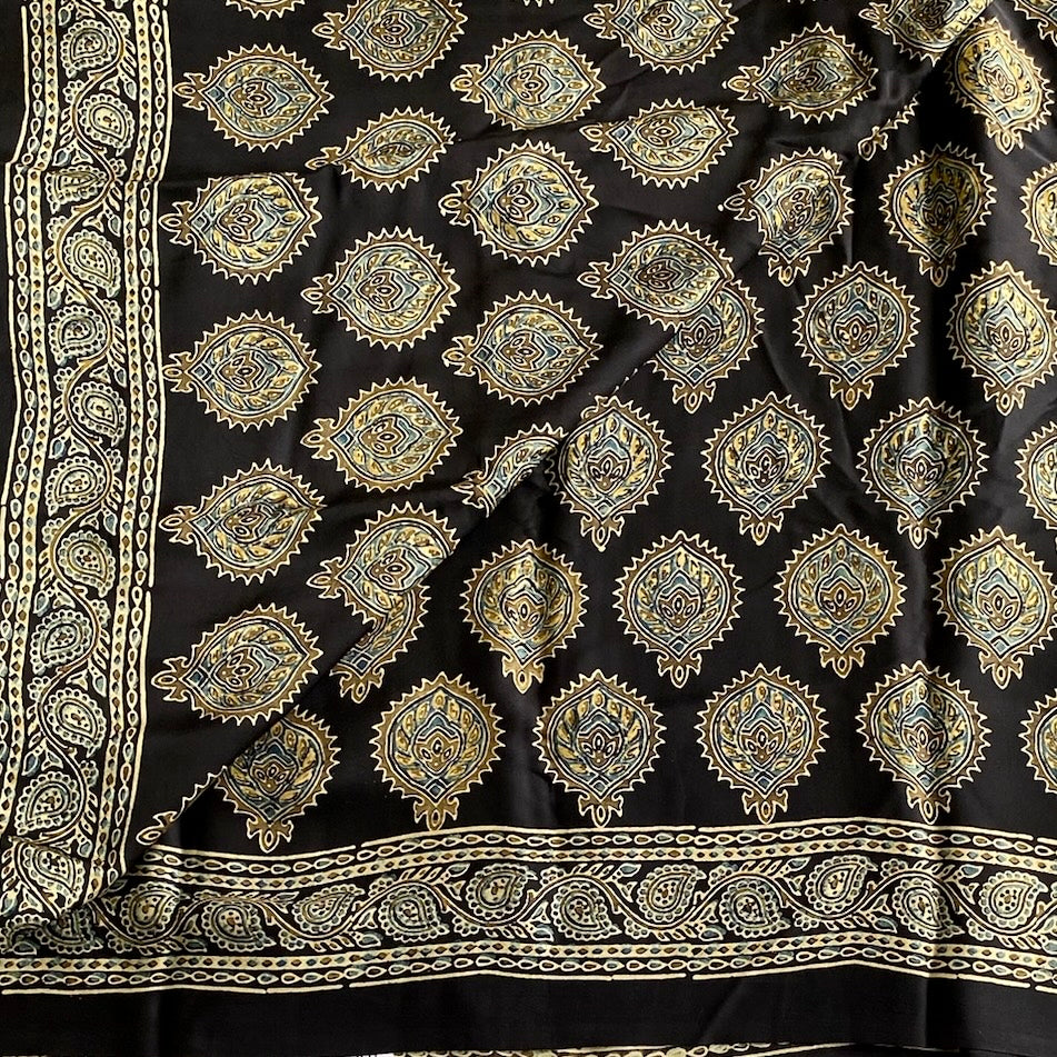 Jet Black Ajrakh Handblock Designer Pure Silk Saree With Antique Gold Motifs
