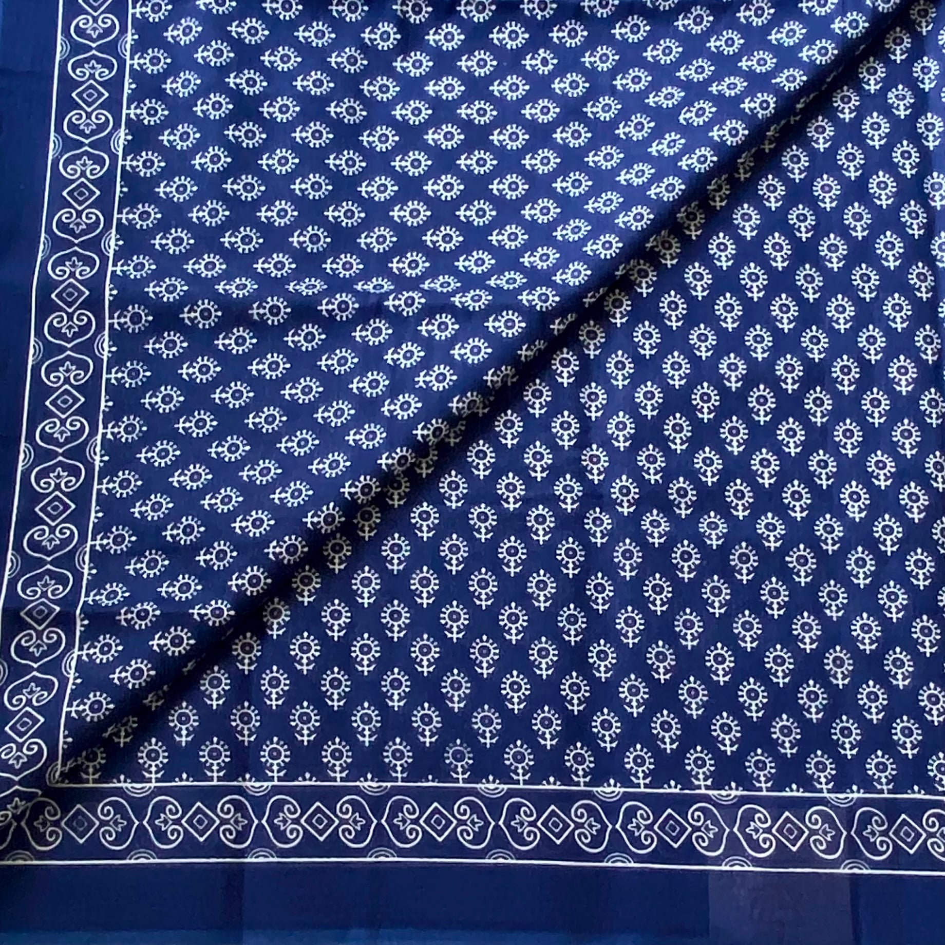 Royal Blue White Block Print Saree With Printed Border Classic