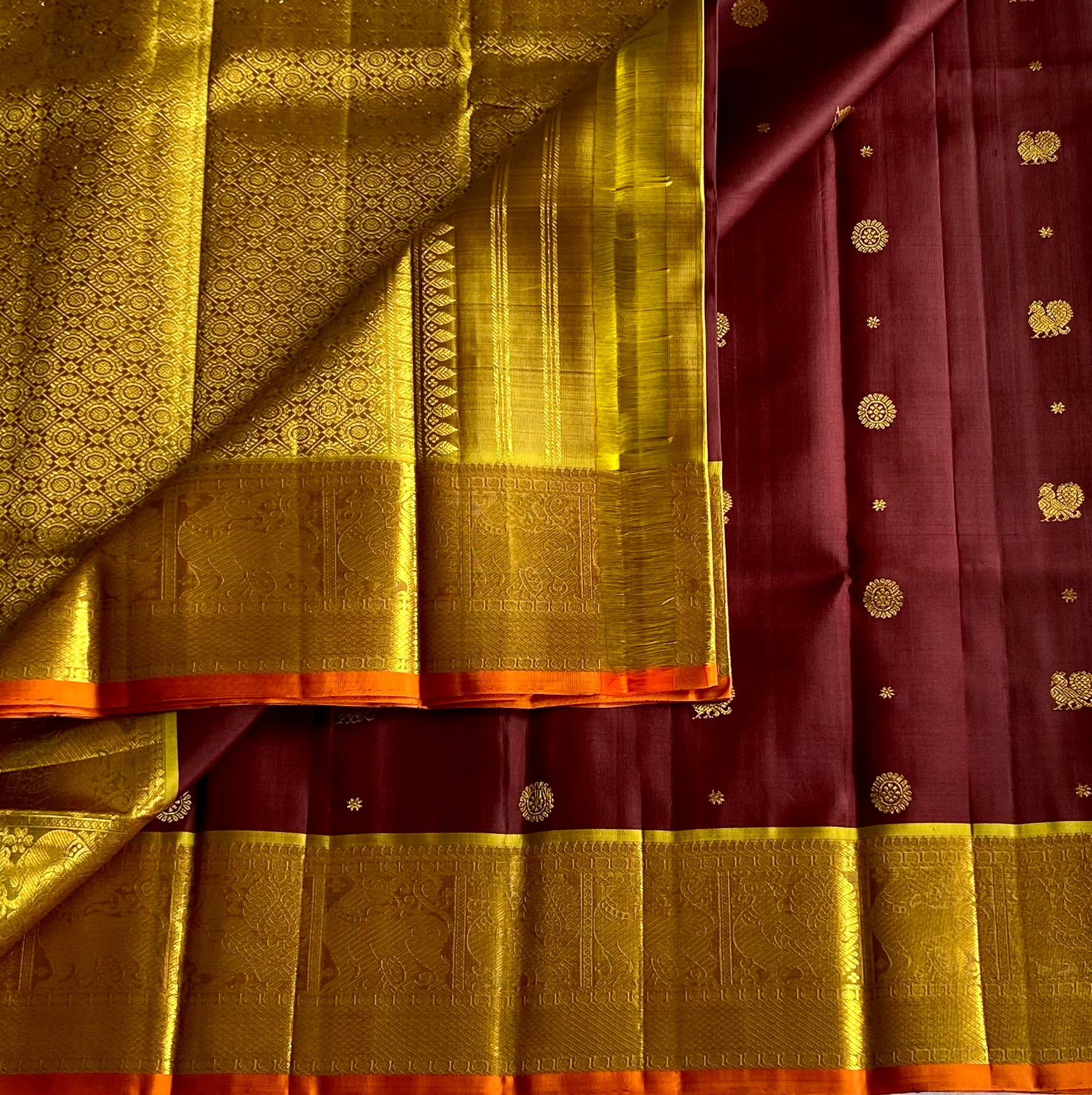 Golden Brocade Silk Saree with Maroon Pallu and Peacock Border