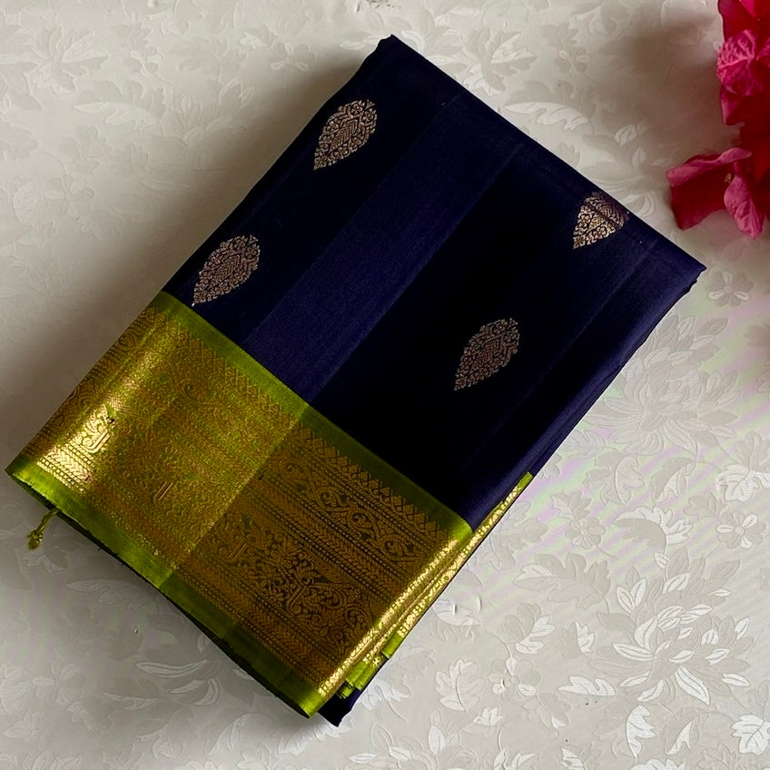 Deep Navy Blue Designer Pure Silk Saree With Lime Green Pallu