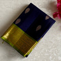 Deep Navy Blue Designer Pure Silk Saree With Lime Green Pallu