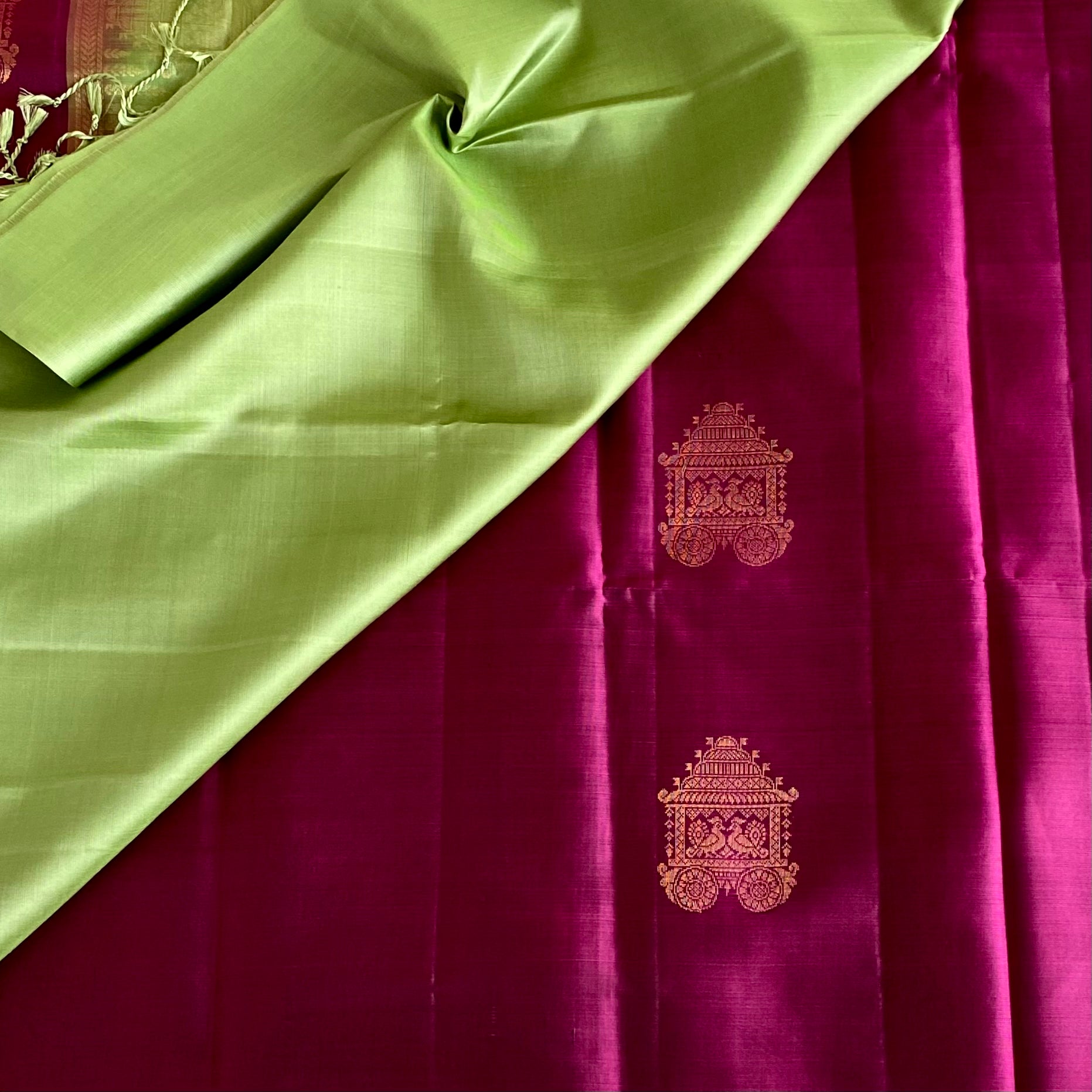 Rani Pink Designer Pure Silk Saree With Leaf Green Pallu