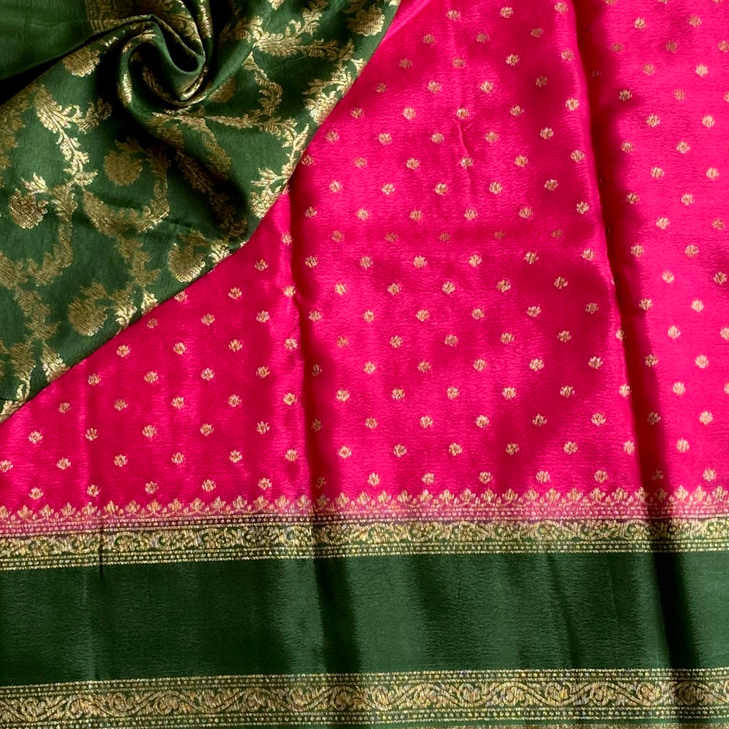 Cherry Pink Banarasi Crepe Silk Saree With Bottle green Pallu