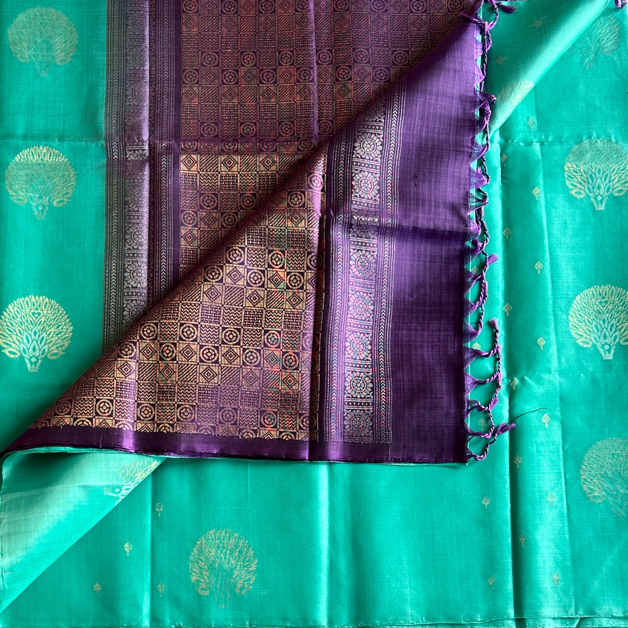 Teal Purple Traditional Saree Gold Geometric Pallu Elegant Wedding Wear